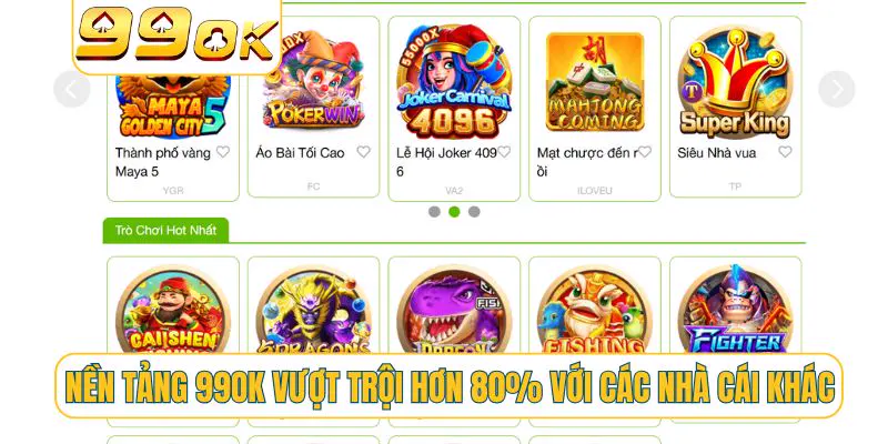 Nền tảng 99OK vượt trội hơn 80% với các nhà cái khác